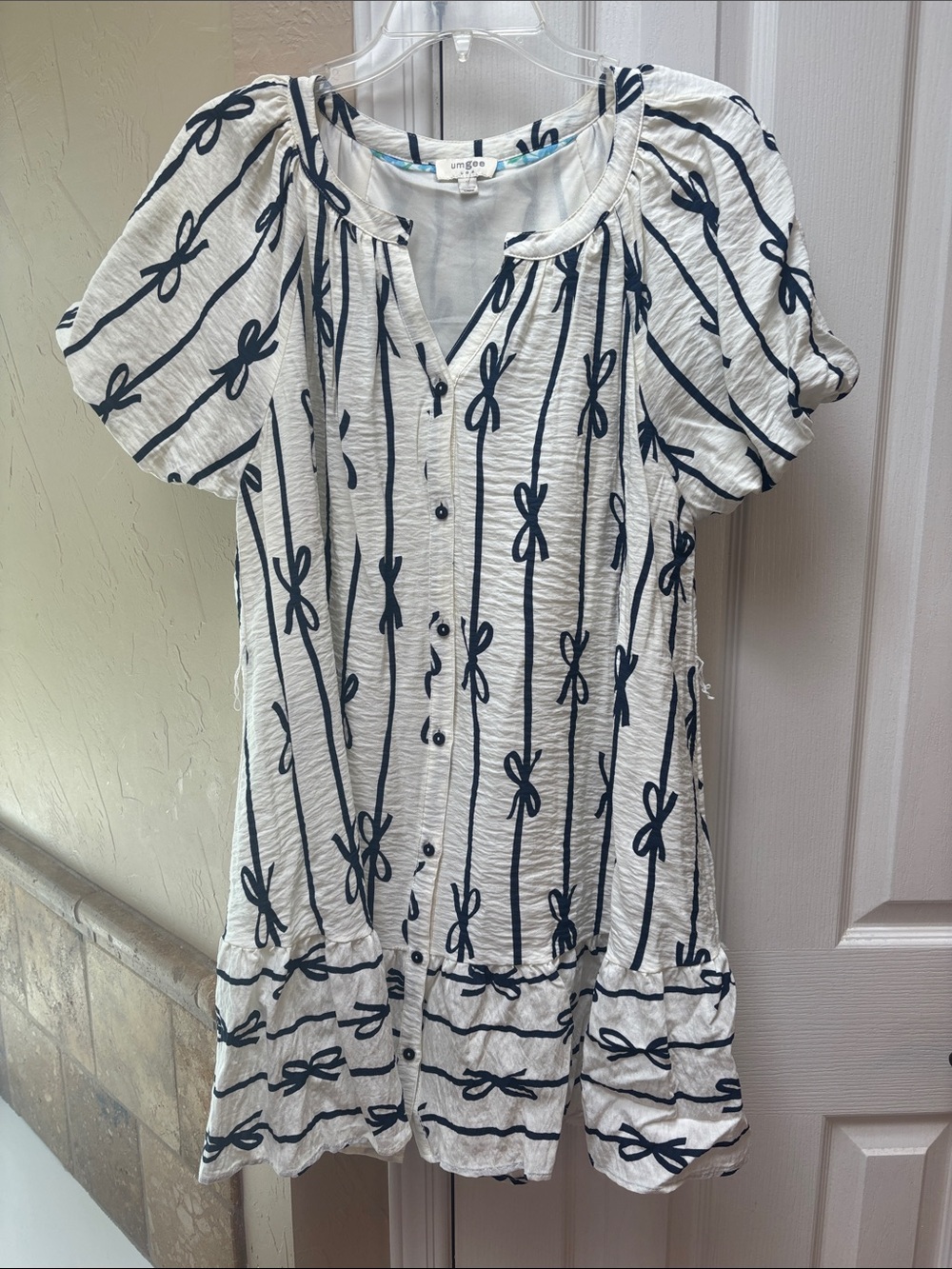 Umgee White Mini Dress with Navy Bow & Stripe Print